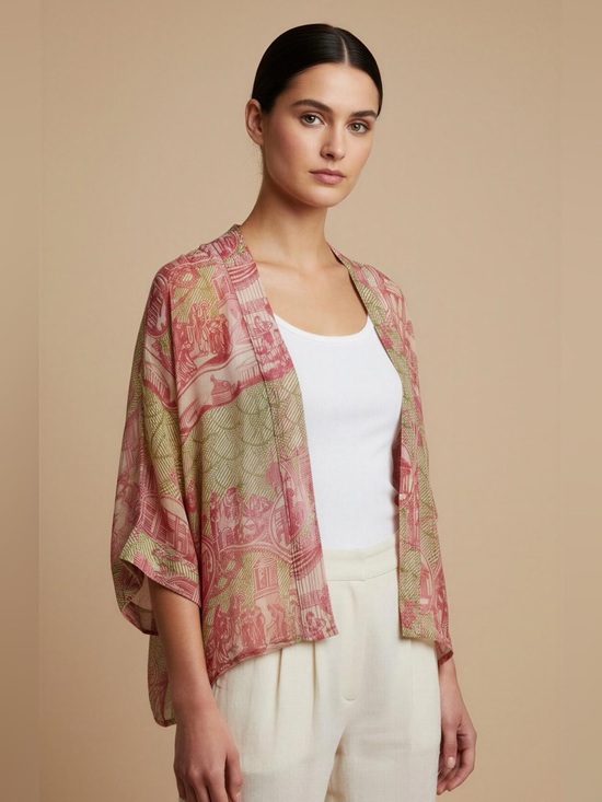 One Hundred Stars Tops - One Hundred Stars Ancient Columns Printed Rachel Kimono Top - Pink & Green